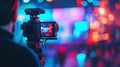 A person conducts a lively on-camera interview in a modern studio with vibrant lights and advanced media technology