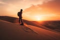 person, conquering the dunes on sandboard, with dramatic sunset in the background