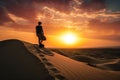 person, conquering the dunes on sandboard, with dramatic sunset in the background