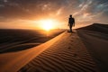 person, conquering the dunes on sandboard, with dramatic sunset in the background