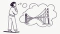 Person contemplating bridge, vision, connection, future plans, architectural thought, vector design Generative AI Royalty Free Stock Photo