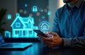 Person controls smart home tech using phone. Mobile app manages home automation. Remote control of devices like lights. Modern
