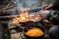 person, cooking breakfast of pancakes and bacon over campfire Royalty Free Stock Photo