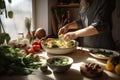 person, cooking and eating delicious and nutritious meal that boosts immunity