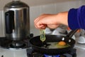 Person cooking eggs in a pan Royalty Free Stock Photo