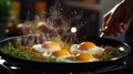 A person is cooking eggs in a pan with smoke coming out, AI Royalty Free Stock Photo