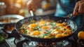 A person cooking eggs in a skillet on top of an open flame, AI Royalty Free Stock Photo