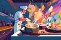 A person cooking food in a kitchen with a fire in the background. AI generative image.