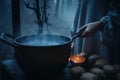 A person cooking food in a large pot. AI generative image.