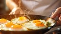 A person is cooking fried eggs in a pan, AI Royalty Free Stock Photo