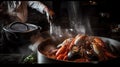 A person cooking a large pot full of lobsters. AI generative image