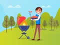 Person Cooking Sausages on Grill Outdoor Vector Royalty Free Stock Photo