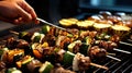 a person cooking skewers of food on a grill