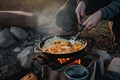 person, cooking warm meal of scrambled eggs and bacon on camping stove