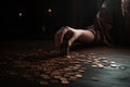 a person counting coins on a table in the dark