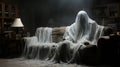 A person covered in white sheets sitting on a couch