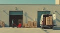 person in a cowboy hat using a red hand truck to move a stack of cardboard boxes outside a warehouse. AI generated Royalty Free Stock Photo