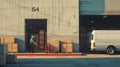 person in a cowboy hat using a red hand truck to move a stack of cardboard boxes outside a warehouse. AI generated Royalty Free Stock Photo
