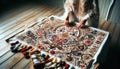 Person Crafting a Detailed Tapestry on Wooden Floor