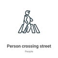 Person crossing street on crosswalk outline vector icon. Thin line black person crossing street on crosswalk icon, flat vector
