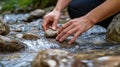 A person is crouching near a flowing stream, arranging stones with both hands