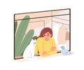 Person and cute cat looking out of open window, staying home. Woman and kitty indoors, dove on windowsill outside Royalty Free Stock Photo