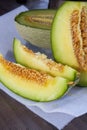 A person is cutting cantaloupe, close-up of cantaloupe slices