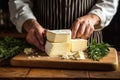 A person cutting cheese on a cutting board. Farmer or chef makes cheese slice