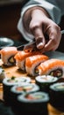 A person cutting sushi on a cutting board. Generative AI image.