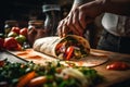 A person cutting up a burrito on a cutting board. Generative AI image.