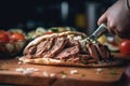 A person cutting up a meat sandwich on a cutting board. Generative AI image.