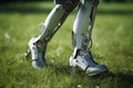 Person cyborg walking on grass. Generate AI