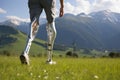 Person cyborg walking on grass. Generate AI
