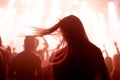 Person, dancing and crowd or concert silhouette for live music performance or festival, rock or friends. Audience, club