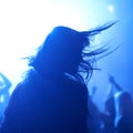 Person, dancing and crowd or live concert silhouette or music performance or festival, rock or friends. Audience, club