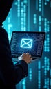 Person in dark clothes uses laptop. Screen displays email icon, computer code. Cyberattack scam concept. Person works on Royalty Free Stock Photo