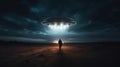 Person in the dark field looking at a strange UFO with bright lights. Generative AI