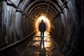 Person in Dark Tunnel with Light at the End Royalty Free Stock Photo