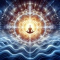 A person in deep meditation, surrounded by psychic waves emanating from their mind.