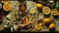 A person delicately holds a glass surrounded by vibrant oranges, creating a whimsical and refreshing sight in a cozy