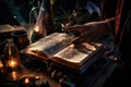 person, delving into magical book, learning new spells and enchantments