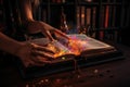 person, delving into magical book, learning new spells and enchantments