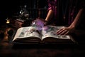 person, delving into magical book, learning new spells and enchantments