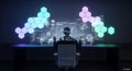 Person at desk interacting with large holographic screens displaying hexagonal data visualizations and 3D models Royalty Free Stock Photo
