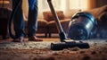 A person diligently vacuuming a heavily soiled carpet, visible dirt particles being sucked up, AI generated