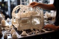 A person diligently works on a detailed model of a building, The 3D printing machine creates the 3D prototype model using resin