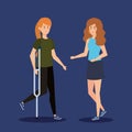 Person with disabled woman walking with crutches