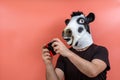 Person disguised as a cow playing a video game