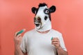 Person disguised as a latex cow mask preparing injection for vaccination