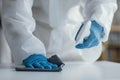 person disinfecting biohazard area. High quality beautiful photo concept Royalty Free Stock Photo